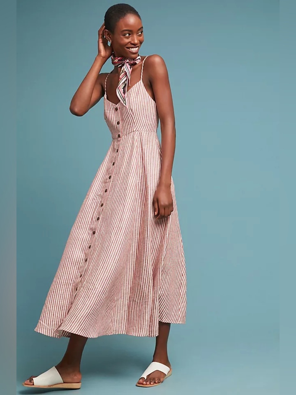 Mara Hoffman Morgan Linen Button Front Red Striped Midi Dress